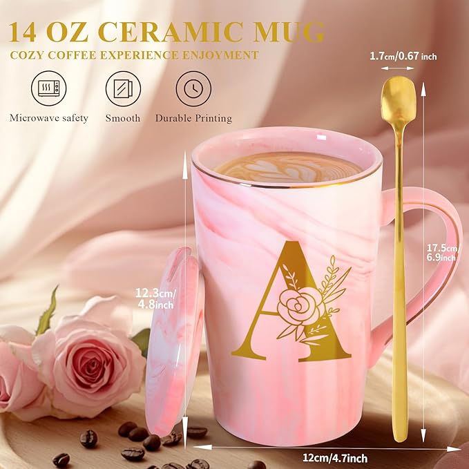 Personalized Ceramic Women Coffee Mug Tea Cup with Lid Heavy Pretty Large Pink Customized Cool Cute Women Birthday Christmas Gift for Her Wife Mother Day Grandma Girlfriend Friend Friendship Unique,A