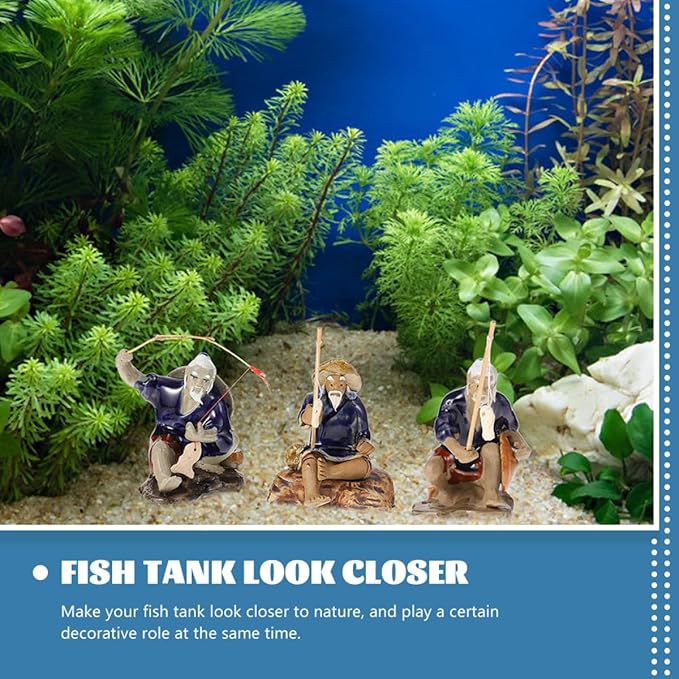 Homoyoyo Ceramic Fisherman Figurine Set 2pcs, 4-inch Bonsai Ornament for Fish Tank Decor, Aquarium Desktop Collectible Statue, Asian Fishing Man Sculpture for Home Garden
