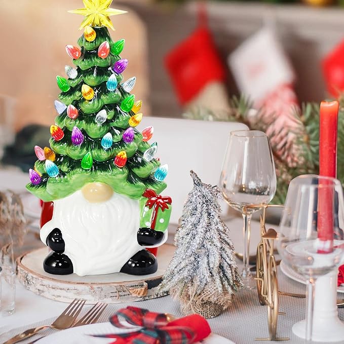 ORIENTAL CHERRY Christmas Decorations - 12” Lighted Up Gnomes Ceramic Christmas Tree with 46 Multicolored Lights - Small Mini Prelit Xmas Holiday Decor for Tabletop Home Room Table Fireplace Office