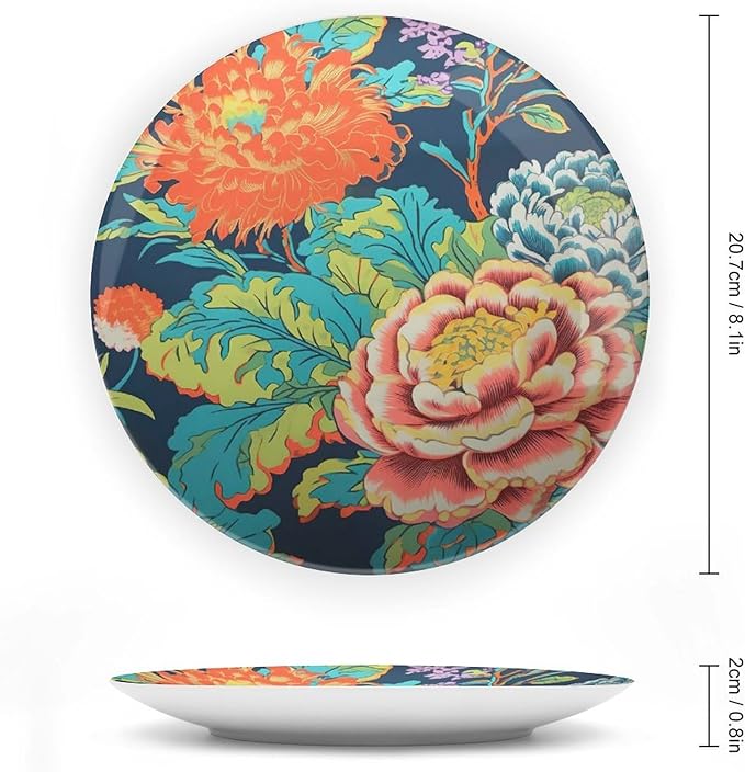 Chinoiserie Peony Floral Decorative Plate for Display Beautiful Exotic Chinoiserie Office Home Supplies Household Kitchen Holiday Party Decorations Customize Gifts for Men Women Birthday