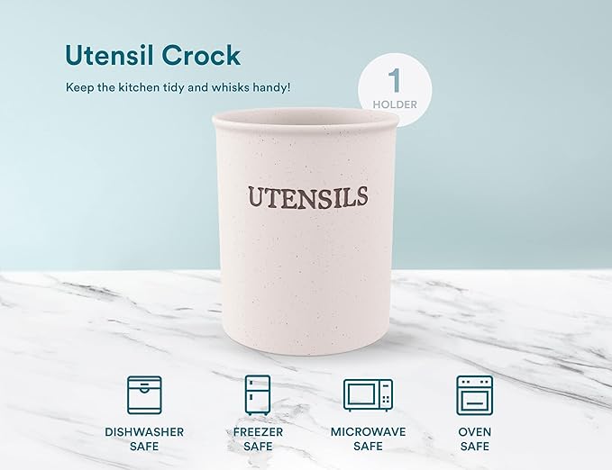 KooK Large Utensil Crock for Kitchen Counter, Ceramic Utensil Holder, Heavy & Stable Caddy, Farmhouse Decor, Matte Speckled Stoneware, Cream, 6 inch, Dishwasher Safe