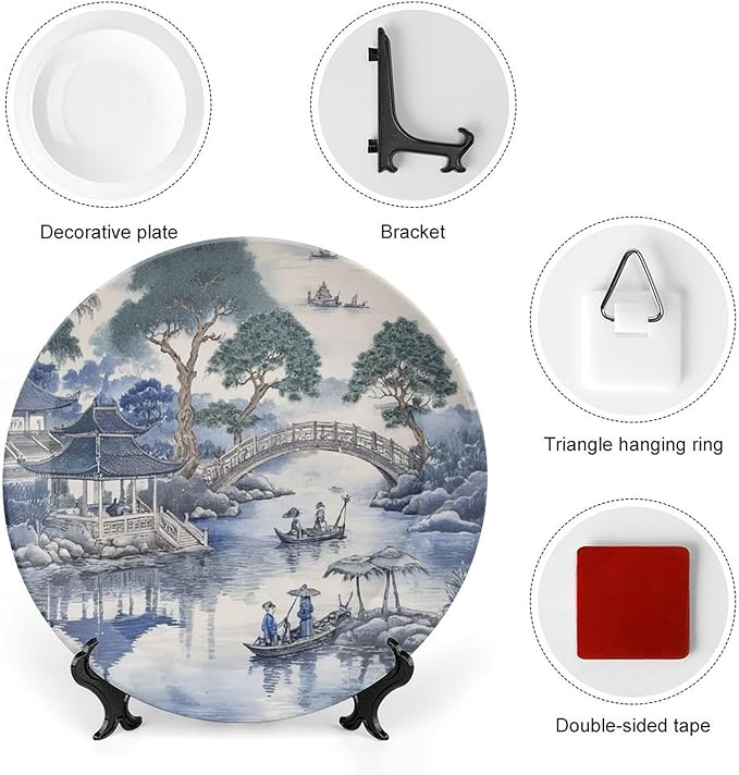 Asian Scenic in Blue And Kelly Green Chinoiserie Ceramic Decorative Plate of 6", 7", 9", 10", Personalized Ceramic Display Plate, Wall Housewarming Gifts Decorations Wedding, with Vertical Stand