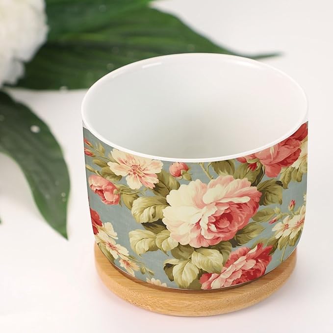 Pink Cabbage Roses Romantic Small Ceramics Planters Set of 1 Cottage Chic Antique Pink Flower Ceramics Pots for Plants Traditional Chinese Chinoiserie Cactus Planter for Indoor