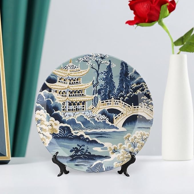 China Plates Blue And White Chinoiserie Pagoda Ming Toile Asian Personalized Decor for Household Home Kitchen Club Chinese Plates Unique Art with Stand, Multi Sizes by Choosing, Gifts for Men Women