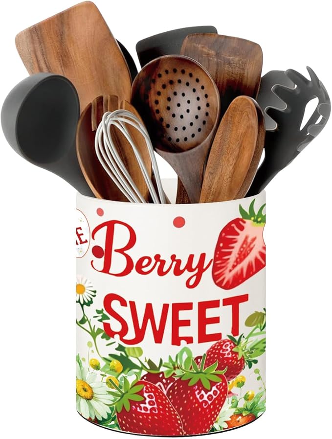 Strawberry Kitchen Decor, 6.5inch Ceramic Utensil Holder with Strawberry Design, Rustic-Style Indoor Kitchen Utensil Storage Rack, Ideal for Spoon Storage and Cooking Tools, Gift for Kitchen Organizer