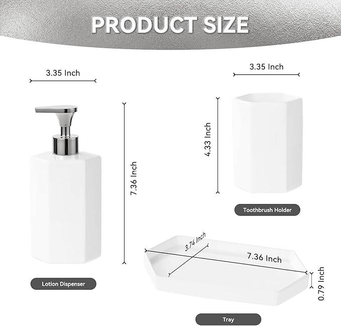 Silver Soap Dispenser Pump Ceramic Bathroom Accessories Complete with Soap Dispenser, Toothbrush Holder, Bathroom Tumbler, and Vanity Tray - Modern Bathroom Decor,3PCS