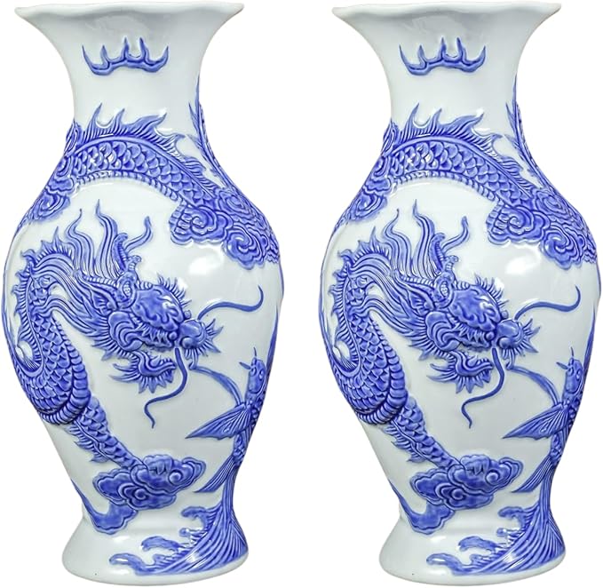 HERITAGE T&T Dragon Flower Ceramic Altar Vase Pair – Bat Trang Handmade Blue & White Vase Set – Buddhist Temple Flower Vase – Asian Home Decor – 1 Pair (2 Vases) -Blue & White Glaze, 30cm (11.8 in)