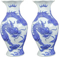 HERITAGE T&T Dragon Flower Ceramic Altar Vase Pair – Bat Trang Handmade Blue & White Vase Set – Buddhist Temple Flower Vase – Asian Home Decor – 1 Pair (2 Vases) -Blue & White Glaze, 30cm (11.8 in)