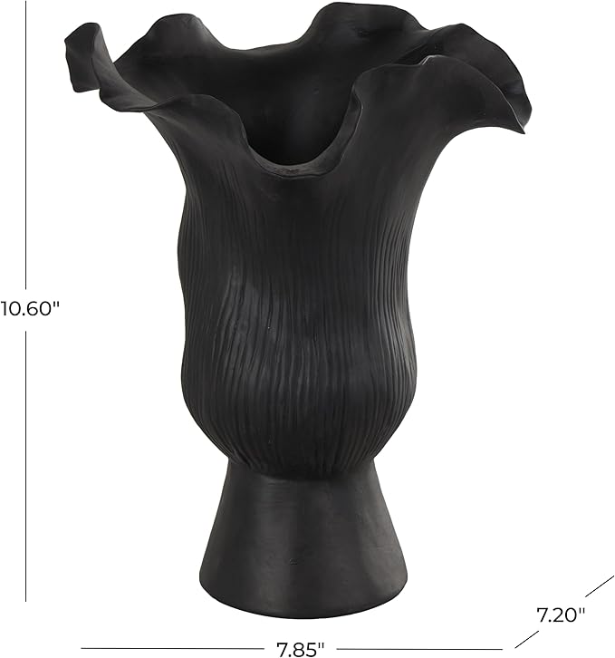 Deco 79 Ceramic Abstract Floral Inspired Vase with Wavy Folded Rim and Linear Grooves, 8" x 7" x 11", Black