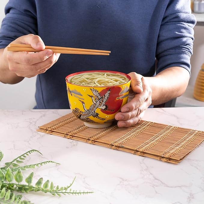 Urban Tokyo Handpainted Ceramic Glazed Japanese Ramen Udon Noodle Rice Bowl With Chopsticks 20 fl oz 5 inch Diameter Bowl Sets Color Box Packaging (Crane and Moon Design)