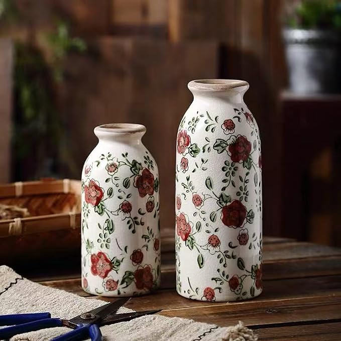Small Vintage Rustic Flower Vase,Farmhouse Flower Vase for Home Decor,Chinoiserie Ceramic Vases for Table,Bookshelf,Living Room Centerpieces,Boho vases 7.8 Inch