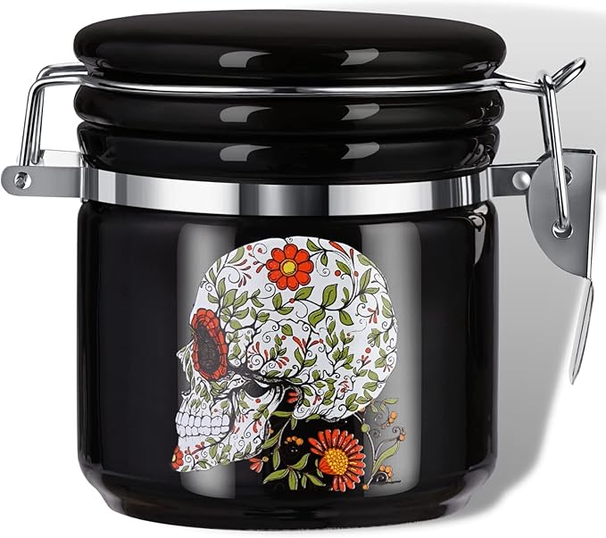 Sugar Skull Stash Jar Half Oz (250ml), Odor Smell Proof Jar Airtight Container Keep Herbs Fresh Storage, Flower Skull Bowl Bottle Holder - Goth Skull Decor Gothic Sugar Skull Gifts for Women -Black