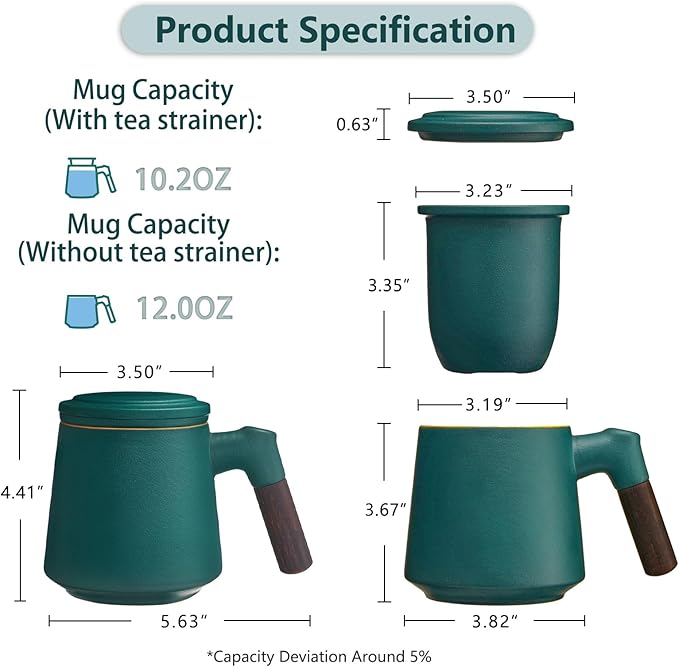 ZENS Tea Cup with Infuser and Lid, 11 oz Green Ceramic Steeper Mug for Loose Leaf Tea Lovers Gifts, Wood Handle Tea Strainers.
