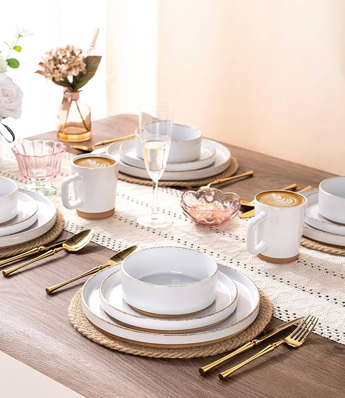 AmorArc Ceramic Dinnerware Sets for 4, 12 Pieces Handpainted Plates and Bowls Set with Rustic Terracotta Underside, Scratch Resistant Stoneware Dishes Set, Dishwasher & Microwave Safe