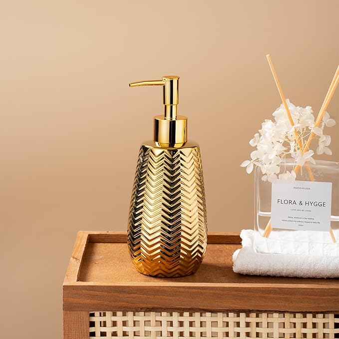 Gold Soap Dispenser,Wavy Design Ceramic Lotion Soap Dispenser for Bathroom, Kitchen, Hand Soap, Dish Soap, Bathroom Countertop