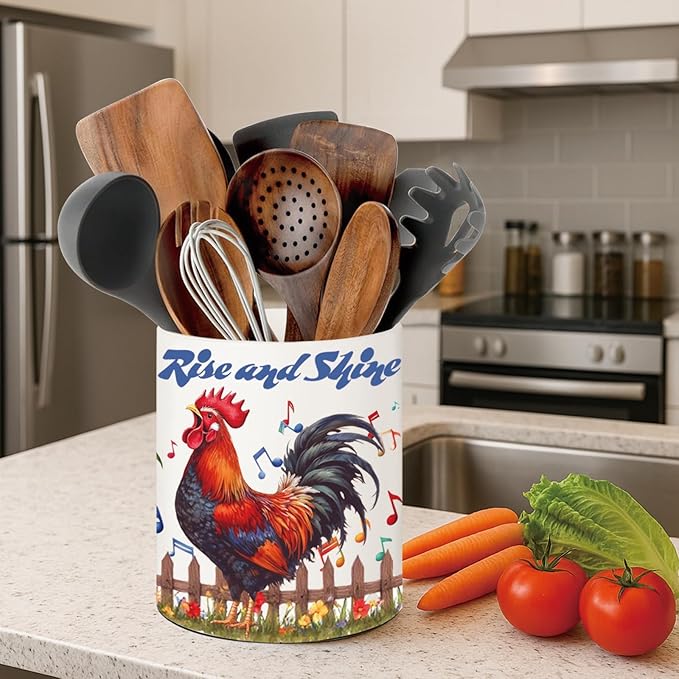 Rooster Kitchen Decor, 6.5inch Ceramic Utensil Holder with Rooster Design, Rustic-Style Indoor Kitchen Utensil Storage Rack, Ideal for Spoon Storage and Cooking Tools,Gift for Kitchen Organizers