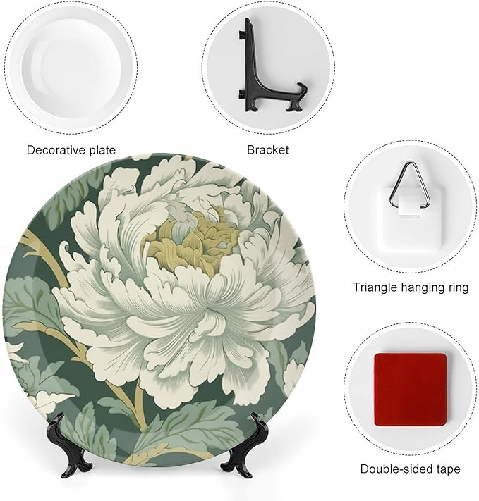 Green And White Chinoiserie Floral China Plates of 6", 7", 9", 10", Personalized Ceramic Dinner Plate, Housewarming Gifts Wall Decorations Household, with Display Stand And Hook Up