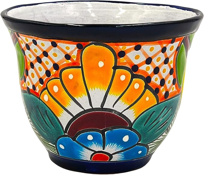 Cactus Canyon Ceramics Talavera Planter Pot, Hand-Painted Mexican Ceramic Pot with Drainage Hole, Indoor Outdoor Rustic Botanical Terracotta, 7.5 Inch, Dark Blue Multicolor