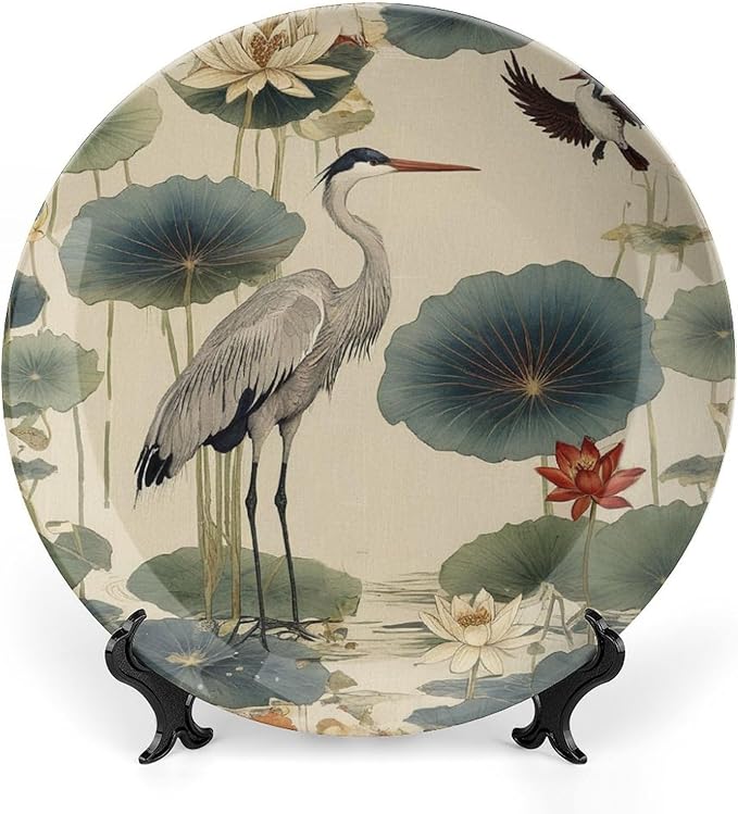 China Plates Birds And Lotus Flowers Customize Decor for Office Housewarming Gifts Wall Club Dinner Plates Unique Art with Stand, Multi Sizes by Choosing, Gifts for Men Women