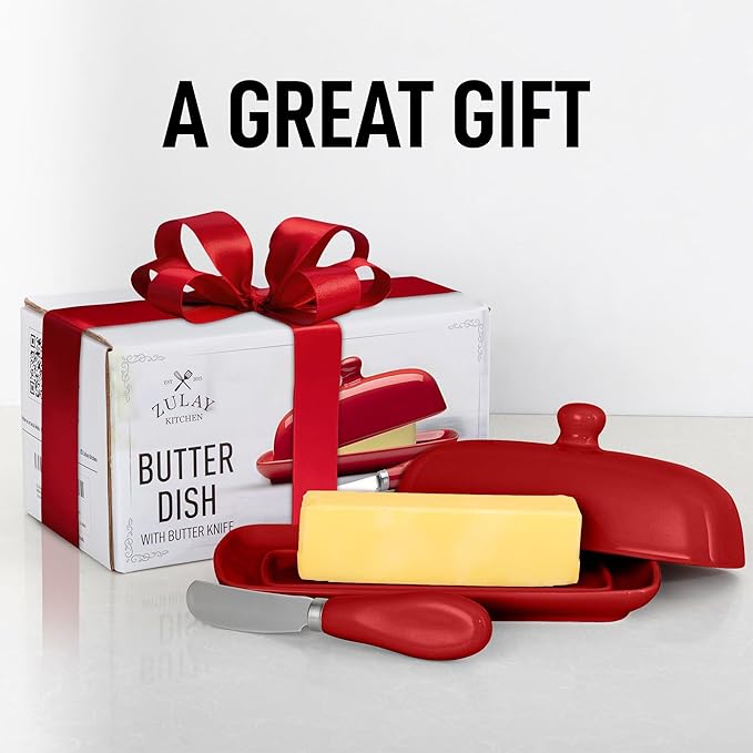 Zulay Kitchen Butter Dish With Lid For Countertop - Porcelain Red, Ceramic Butter Dish with Knob Handle Great for Cooking - Elegant Design Butter Holder - Durable & Sturdy Butter Keeper - Red