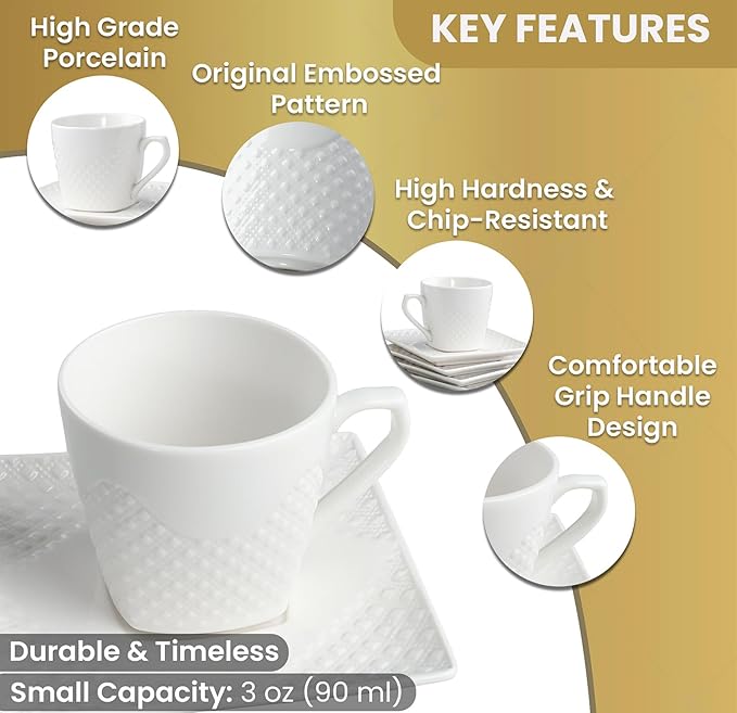 Espresso Cups With Saucer - 3 oz (90 ml) Turkish Coffee Cup, Small Modern Embossed Porcelain for Expresso, Cuban & Arabic Coffee, Elegant White (Set of 6)