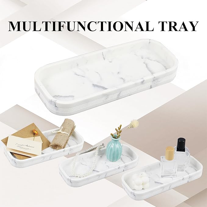 6-Piece Bathroom Accessories Set, Organizer Set with Soap Dispenser, Toothbrush Holder Set, Vanity Tray, Tumbler & 2 Cotton Swab Jars – Modern Stylish Bathroom Storage(Marble White)