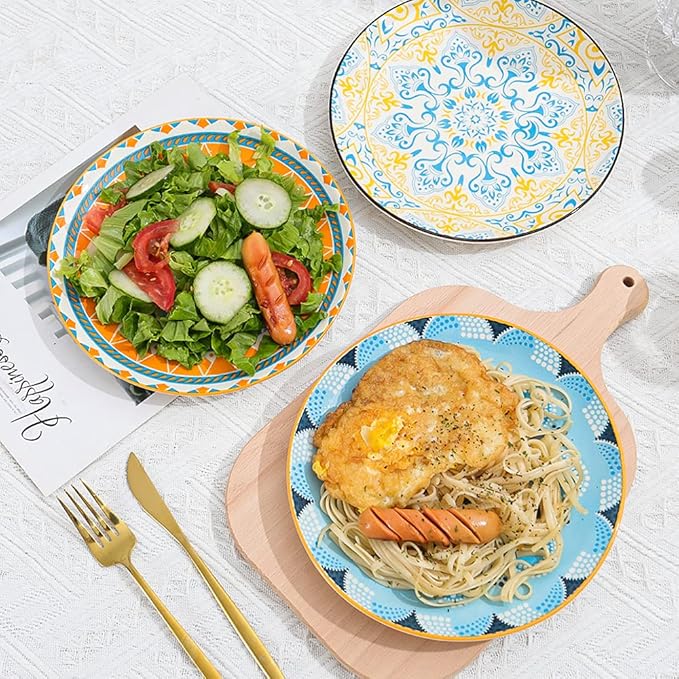 Dessert Plate Set of 6-8 Inch Ceramic Salad and Appetizer Plates - Vibrant Mix-and-Match Colors - Dishwasher and Microwave Safe