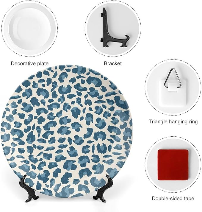 Leopard Animal Print Blue And Beige China Plates of 6", 7", 9", 10", Custom Animals Wildlife with Textures Wall Hanging Decoration, Household Club Decorations Housewarming Gifts, with 1 Display Stand