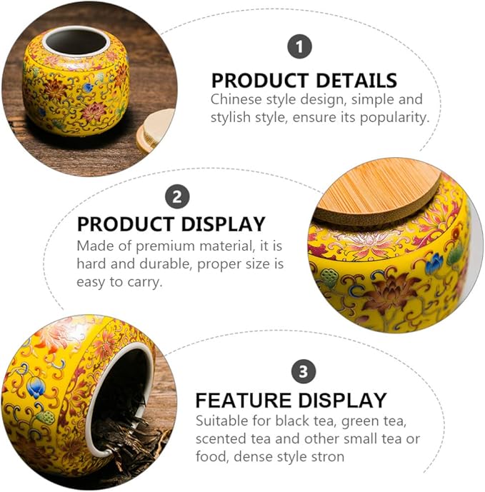 Cabilock Ceramic Tea Canister with Airtight Wood Lid Vintage Chinese Style Tea Storage Jars Traditional Tea Tins Cans Tea 230ML for Kitchen Spice Tea Coffee Condiment Yellow