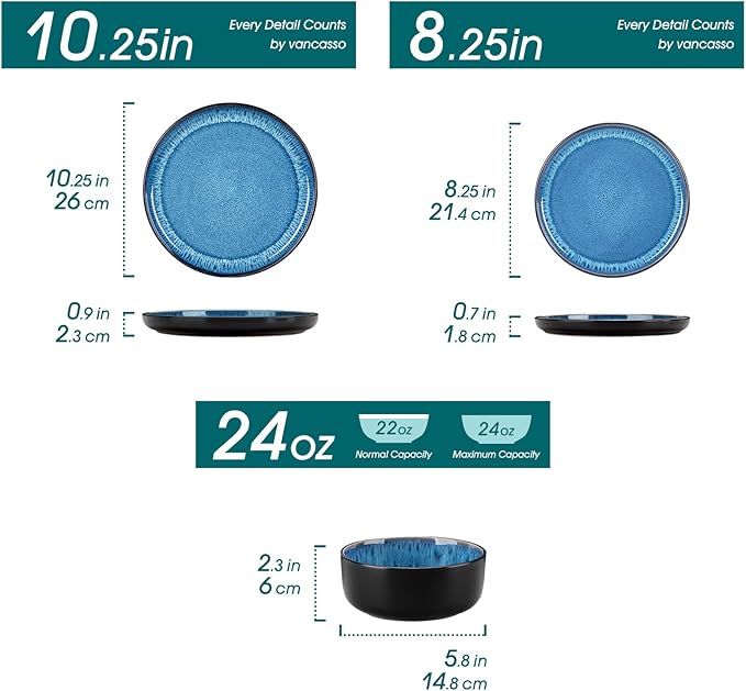 vancasso PLAYA Plates and Bowls Sets, 12 Pieces Blue Dinnerware Sets for Kitchen, Reactive Glaze Dishes Set for 4, Dishwasher and Microwave Safe