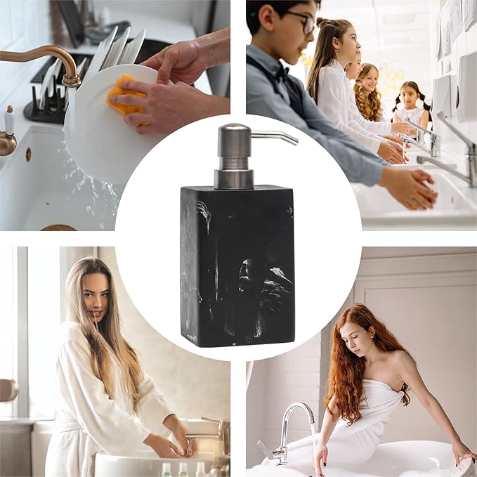 Soap Dispenser, 15 Oz with with Brushed Nickel Pump,Refillable Liquid Square Decorative Soap Dispenser for Hand Soap,Dishwashing Liquid and Hand Lotion-Black Marble Style
