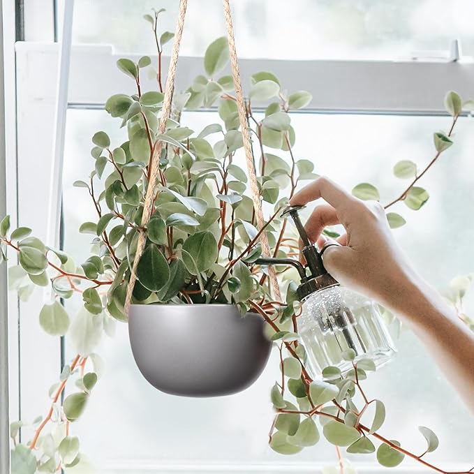 INGOFIN 4 Inch Ceramic Hanging Planter, Modern Hanging Plant Pot with Jute Rope, Succulent Bonsai Pots, Matte Grey Porcelain Flower Pots, for Indoor and Outdoor, Set of 4 (Matte Grey)