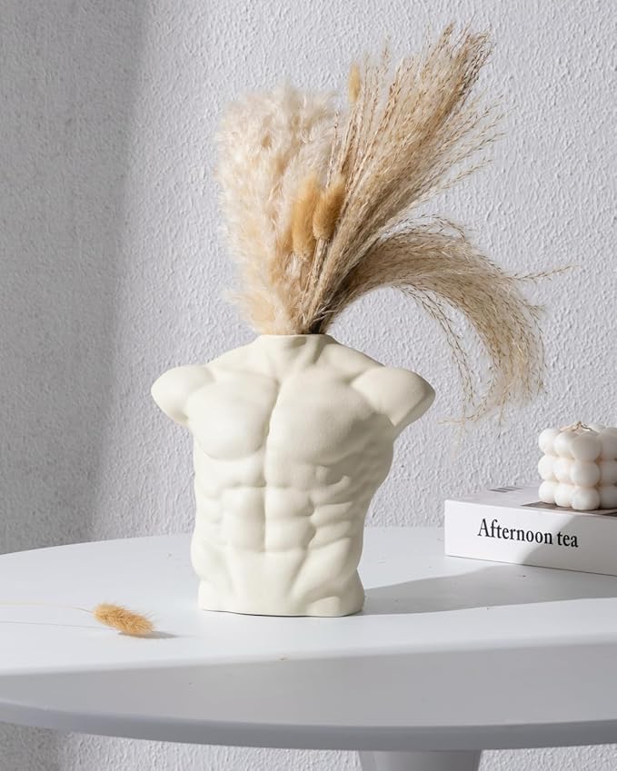Body Art Vase, Classical Sculpture Statue for Bookshelf Shelf Decoration, Nordic Modern Ceramic Flower Vase for Home Decor, Table Centerpiece, Living Room, Office, Entryway, Console（Cream）