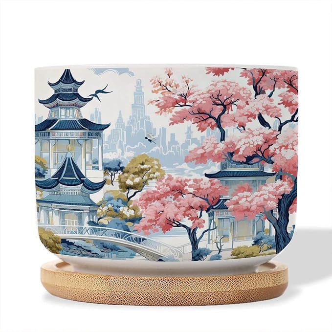Blue Asia Tiered Tower Coral Pink Flower Ceramics Plant Pot Set of 5 Chinoiserie Garden Scenery Cactus Planter for Indoor with Drainage Chinoiserie Style Small Plant Pot Ceramic