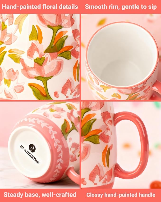 Large 24oz Ceramic Coffee Mug with Handle for Coffee or Tea, Hand-Painted Floral Pottery Mug for Women, Durable Microwave & Dishwasher Safe, Christmas Gift for Family, Holiday & Fall Decor