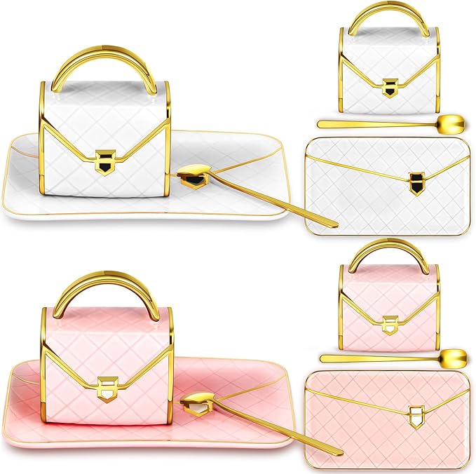 Zubebe 2 Sets Coffee Mug Elegant Handbag Shaped Cup Mother's Day Modern Ceramic Purse Mug with Spoon and Saucer, 10oz Cute Creative Tea Cup for Woman Girls Gift (Pink,White)