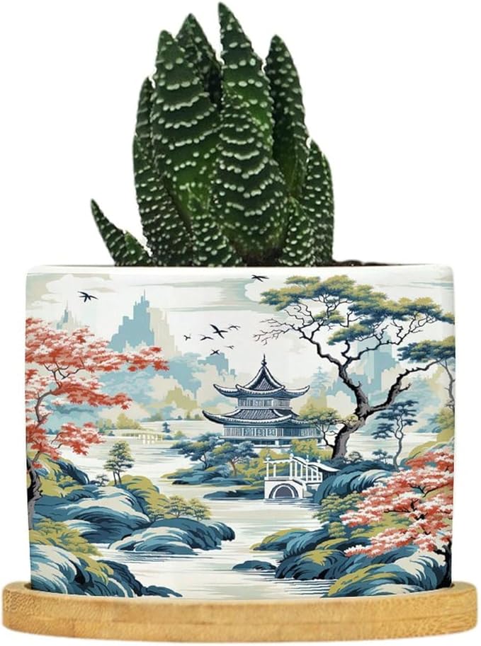 DreamAutumn Chinoiserie White Blue Asian Ceramic Pots for Plants with Drainage Holes Round Flower Pot Bamboo Tray Orchid Pot Succulents Pots for Outdoor Indoor Plants,Housewarming Gifts