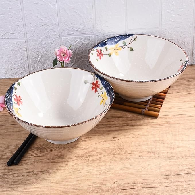 Set of 2 Japanese-Style Ceramic Noodle Bowls – 8.2 Inch Asian-Inspired Soup Ramen Pho Bowls, Microwave & Dishwasher Safe, Handcrafted Floral Design, Premium Dining Essentials for Home & Gifts