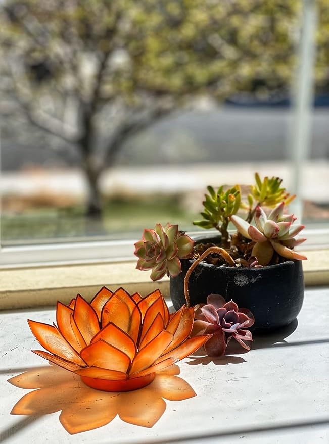 Om Gallery Capiz Shell Lotus Flower Decor Tealight Candle Holder for Serene Ambiance - Handmade Decorative Candle Holders for Meditation, Yoga, and Relaxation, Mango