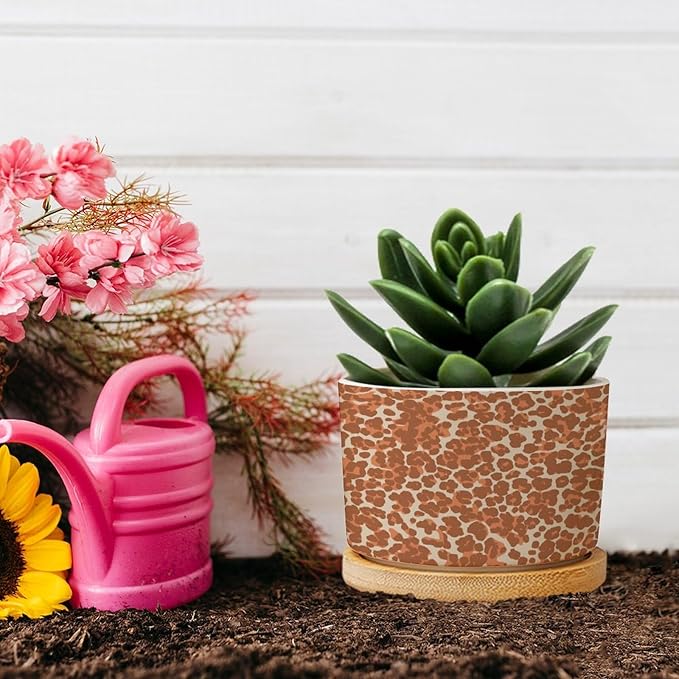Leopard Orange Light Brown Dot Ceramic Planter African Tribal Animal Print Planters for Indoor Plants with Drainage Holes and Saucers Pot for Home Office Decoration