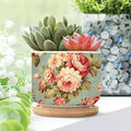 Pink Cabbage Roses Romantic Planters Ceramics Set of 2 Cottage Chic Antique Pink Flower Succulent Pot for Indoor with Bamboo Tray Japanese Chinoiserie Small Pot for Flowers