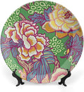 Green And Yellow Chinoiserie Peony Floral Vintage Plates, Asian Colorful Peony Customize Ceramic Salad Plates for Kitchen Wall Decor, with Vertical Stand Art Decorations for Home Household