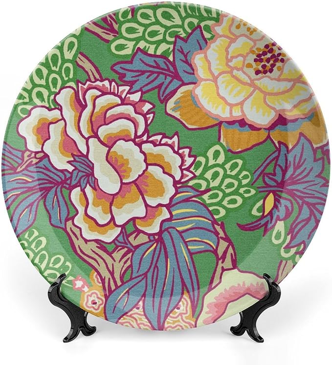 Green And Yellow Chinoiserie Peony Floral Vintage Plates, Asian Colorful Peony Customize Ceramic Salad Plates for Kitchen Wall Decor, with Vertical Stand Art Decorations for Home Household