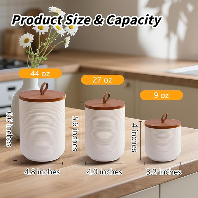 Food Storage Jar Strong Ceramic Storage Canisters with Airtight Wooden Lid,Kitchen Storage Containers for Serving Coffee Beans, Tea, Sugar, Salt, Spices (Medium white 27 oz)
