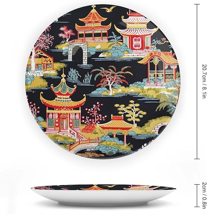China Plates Chinoiserie Charcoal Coral Pagoda Asian Customize Decor for Wedding Farmhouse Art Decoration Kitchen Blue And White Plates with Vertical Stand, Multi Sizes, Gifts for Men Women