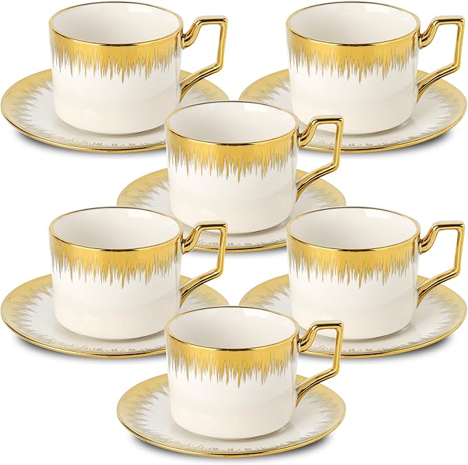 LETAOTAO Cappuccino Cups with Saucers, 8.5 oz Stackable Ceramic Coffee Cup and Saucer with Gold Trim, Turkish Coffee Cups Set for Double Espresso, Tea Cups Set of 6, White