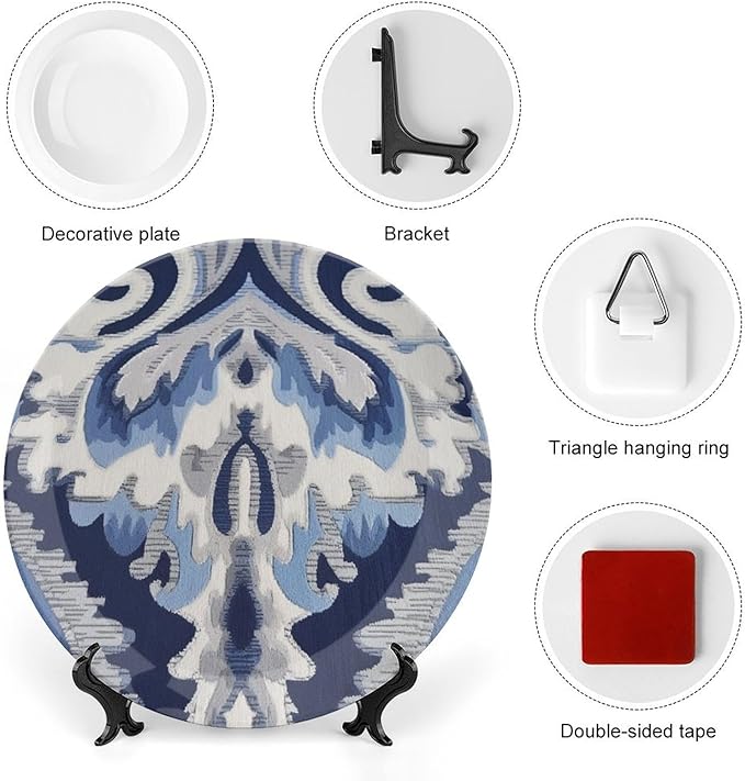 Navy Blue Grey Ikat Plates Ceramic of 6", 7", 9", 10", Personalized Ceramic Ornaments Dessert Plates, Wedding Home Decorations Office, with Display Stand And Hook Up