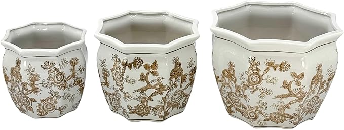 Galt International Brown & White Round Fluted Floral Porcelain Ceramic Plant Flower Planter Pot Set of 3 (7.5", 10", 13") Garden Pots Chinese Asian Design