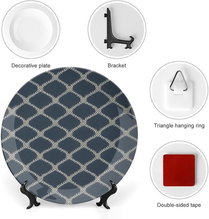 Home Decorations Ceramic Decorative Plate, Geometric Asian Check in Navy Blue Customize Christmas Gifts Porcelain Dessert Plate Set for Housewarming Gifts Household Home Decor, Including Bracket