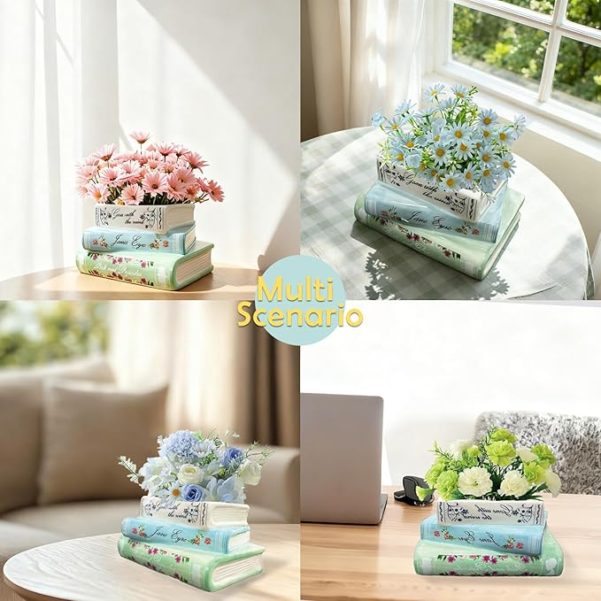 Book Planter, Bookshelf Decor Cute Plant Pots, Ceramic Planters with Drainage Hole, Books Shaped Flower Vases for Book Lovers Gifts, for Bedrooms, Living Rooms, Offices, Kitchens